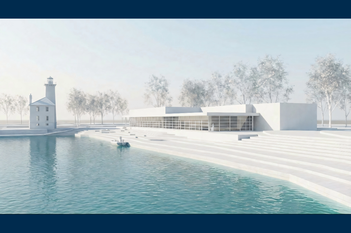 artist rendering of building on bank of water